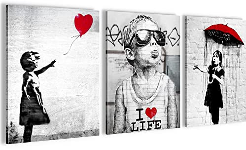 Novart Wandbilder Set Banksy Collage - KOMPLETT AUFHÄNGFERTIG - Wohnzimmer Büro Deko - 3 Moderne Bilder Street Art - N003135a