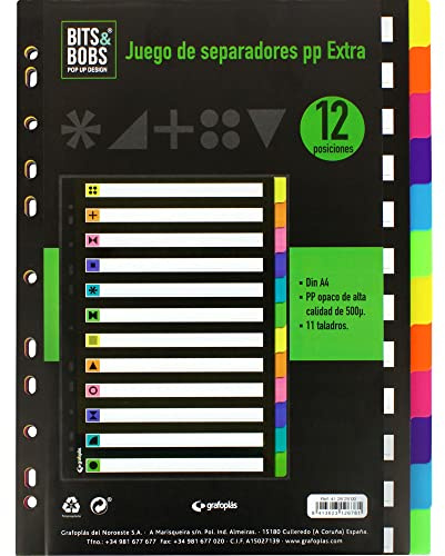 Grafoplás | Trennblätter-Set in fluoreszierenden Farben, 12 Positionen, Polypropylen-Algenqualität 500μ, 11 Bohrer, Bits&Bobs Pop and Design
