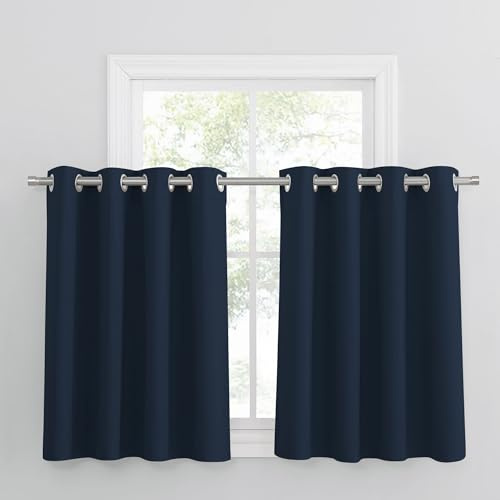 PONY DANCE Rideaux Occultant Court Thermique Petit Draperies à Oeillets | L 132 x H 90 cm,Bleu Foncé, 2 Pièces,Lumineux Bloquer, Anti Froid Chaleur, Decoration pour Cuisine Chambre Fenetre