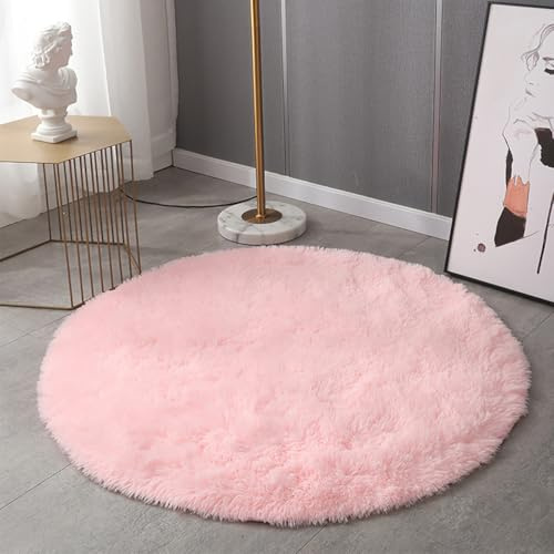 HARESLE Round Rugs for Living Room-Non-shedding Non-slip Washable Rug For Bedroom, Children's Room Round Carpet (Pink,Diam 90cm/35.4in/2.95ft)