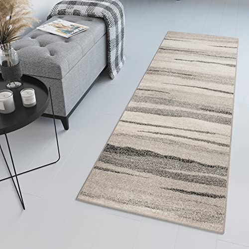 TAPISO Sari Teppich Läufer Flur Grau Beige Kurzflor Modern Streifen Meterware Brücke nach Maß Küche Wohnzimmer Schlafzimmer ÖKOTEX 80 x 120 cm
