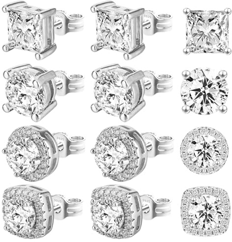4 Pairs Earrings Studs, Mabor Small Plated Tiny Earrings Set - CZ Stud Earring in Square, Round & Teardrop Shape - Anti-sensitive for Women & Men (Silver Color)