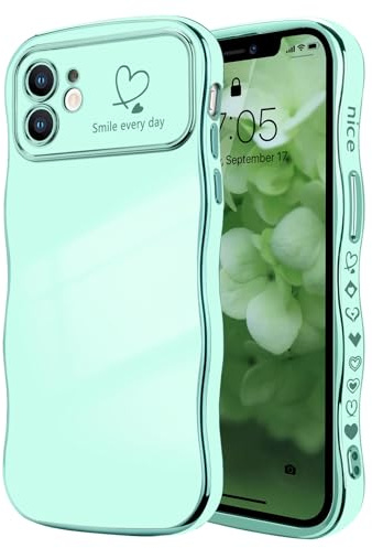 LCHULLE Cover per iPhone 11 Cuore Custodia Ondulata,Verde chiaro | Cover cuori d'amore,Custodia con design ondulata e riccia,Protezione della fotocamera galvanizzata Cover,Wavy Heart Case