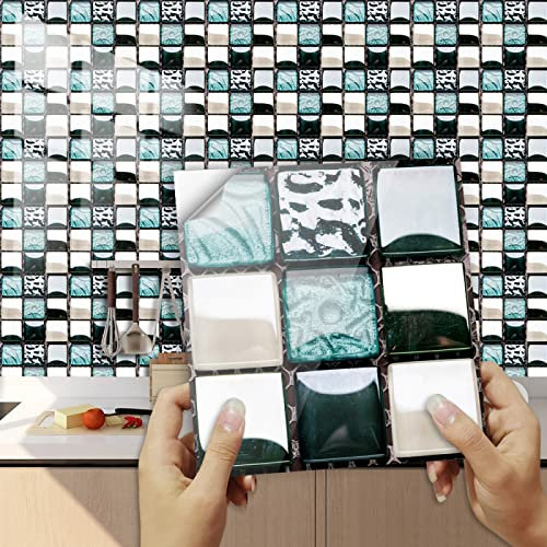 Peel and Stick Backsplash Tile Stickers Dark Green Blue Stick On Tiles PVC Tile Stickers for Kitchen Heat Resistant Self Adhesive Tiles for Walls Waterproof Peel and Stick Floor Tiles Bathroom Wal