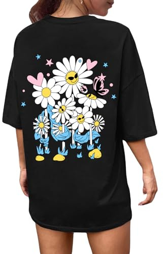 Svanco T-shirt dam oversize topp tonåring flickor rund hals backtryck blus med bokstäver mönster sommar lös sport toppar sommar ledig, Svart, glad, XXL