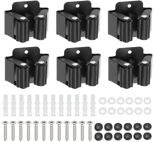 PATIKIL Besen und Mopp Halter 6Stk Wand Montiert Edelstahl Mopp Aufhänger Schwer Garten Werkzeug Organizer Gestell Hänge Klammern mit Schrauben für Zuhause Garage Ganz Schwarz