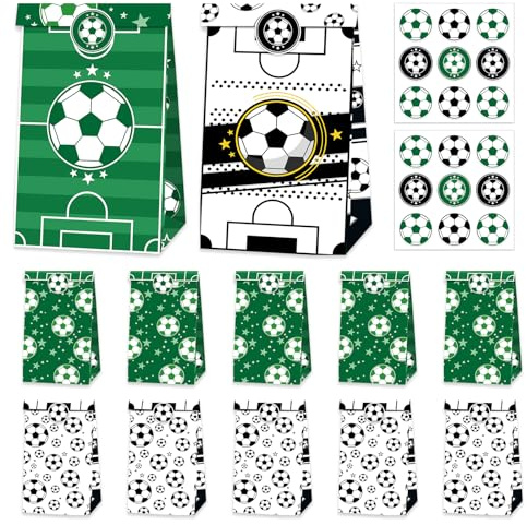 12 Stück Geburtstag Candy Tüten, Fußball Party Tüten mit Aufkleber, Fussball Candy Tüten, Geburtstage Deko Fussball Geschenktüte Papier,für kleine Geschenke (Soccer two colors*12)