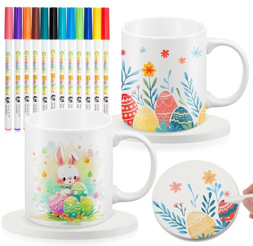 Geiserailie Keramik Tasse Bemalen Set mit 2 Tassen 2 Untersetzer 12 Porzellanstifte Erwachsene Bastelset Kaffeebecher DIY Geschenk für Abschluss, Untersetzer Nicht im Ofen Erhitzen(Klassisch Stil)