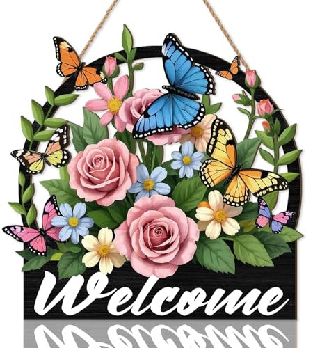 ANHUIB Welcome Sign Front Door Colorful Welcome Hanging Wall Art Flower Butterfly Wooden Wall Decor Gargen Wood Plaque Home Decor for Outdoor Porch Garden Gate Hanger Farmhouse House Signs for Outside