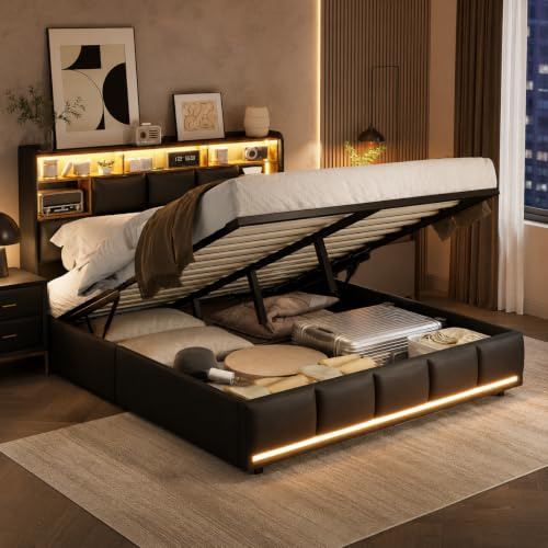 Polsterbett Doppelbett 140x200,Hydraulisch Stauraumbett Led Doppelbett mit Lattenrosten Doppelbett140x200 Mit Stauraum Bett Mit Stauraum Funktionsbett Mit Ladeanschluss (Schwarz+PU-B, 140x200)
