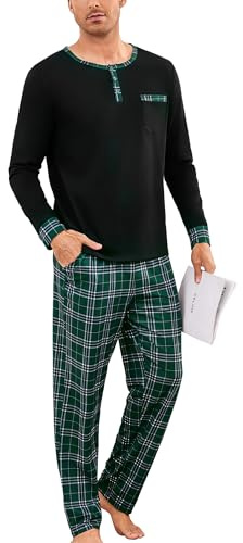 Litherday Pyjama Homme Hiver Chaud Coton à Manches Longues Vêtements De Nuit pour Hommes Deux Pièces Pantalon et Haut à Carreaux