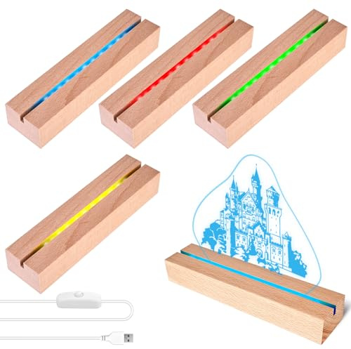 PORFOYO Led Sockel, 4 Stück Led Lichter Display Basis, 7 Farben, Holz 15 cm, Beleuchtete Lampensocke, Usb Lichtsockel Ornamente Für Glasblock Kristalle Harz