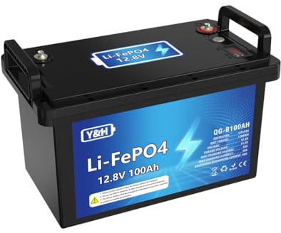 SOGTICPS 100AH 12V LiFePO4 Batterie au lithium,Max.1280Wh Energie,Port USB,Indicateur de tension en temps réel,BMS intégré,Parfait pour moteur trolling, camping, bateau, RV, stockage d'énergie maison