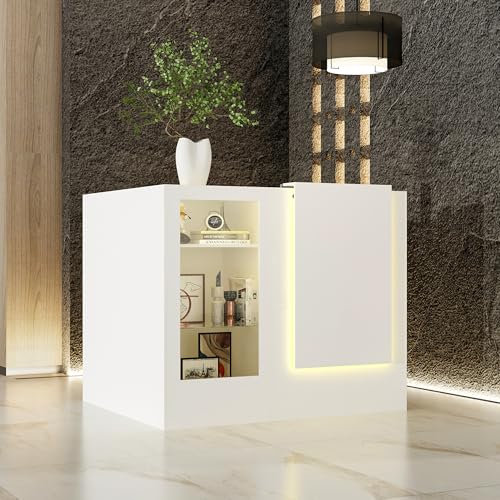 DEZAGCE Weißer Eck-Empfangstheke,Eck-Empfangstisch mit Tastaturschublade und 2 Schränken, Empfangstresen mit Lichtleisten, Empfangstresen mit gehärteter Glasplatte, Rezeptionstisch,120 x 122 x102 cm
