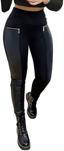SOLY HUX Damen Hose Lang Leggings mit PU Kunstleder Y2K Legginghose Hoher Taille Freizetihose mit Taschen Stretch Slim Fit Hosen Partyhose Schwarz L