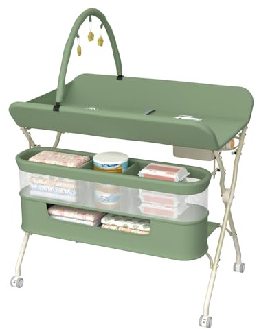 Tavolo per pannolini con ruote, pieghevole, fasciatoio portatile, 5 livelli regolabili, cestino portaoggetti da appendere per neonato, per camera dei bambini, 75 x 68 x 83-91 cm (B) verde