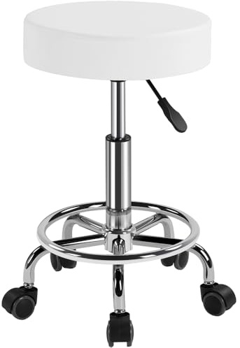 Yaheetech Sgabello con Ruote, Regolabile in Altezza, Sedia Rotondo Estetista con Rotelle Girevole, per Salone Toeletta Trucco Parrucchiere Poltrona Pedicure in Ecopelle, Bianco