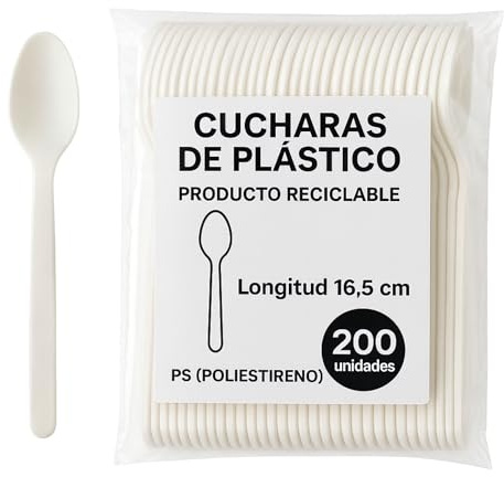 Cucharas Blanco Reutilizable, Cubiertos Extra Resistentes, Cubiertos de plástico, Apto para fiestas, cumpleaños, picnics, catering o eventos, Aptos para lavavajilla, Longitud 16.5 cm, 200 unidades