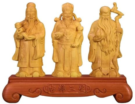 esmen Estatua de Buda de Tres Estrellas Fu Lu Shou de boj, Talla de Madera de longevidad, Regalo de cumpleaños for adoración en el hogar