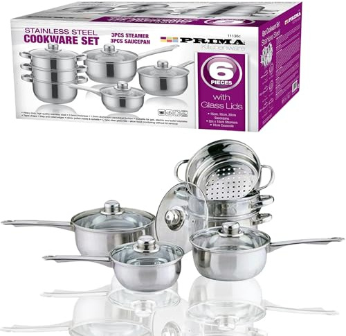 6-Piece Stainless Steel Cookware Set with Ventilated Glass Lids – Includes 3 Steamers & 3 Saucepans – Mirror Polished Finish, Heat-Resistant Handles, Heavy-Duty Durable & Long-Lasting Kitchen Set