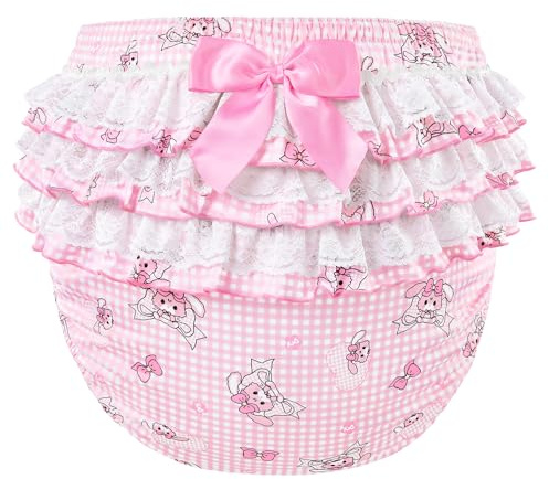LittleForBig Silky Washable Reusable Waterproof Ruffled Lace Bow Bunnies & Bows Usagi Pattern Ruffle Adult Diaper Cover Pink L