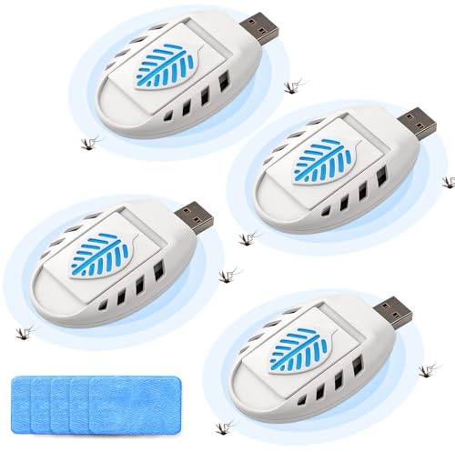 KUWUNG Lot de 4 répulsifs anti-moustiques électriques USB, portables, avec 120 comprimés anti-moustiques, prise électrique, pour randonnée, extérieur, été, maison, blanc