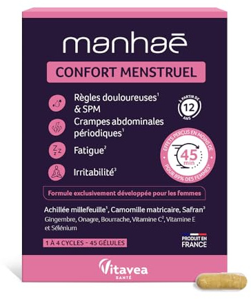 Vitavea Manhaé Confort Menstruel – Complément alimentaire SPM & règles – Bourrache, Onagre, Vitamine C – Relaxation & détente – Confort féminin – 45 Gélules végétales – Fabriqué en France