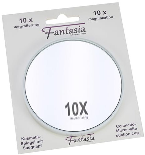 Fantasia Kosmetikspiegel mit 10-Fach Vergrößerung, Premium Schminkspiegel Ø 8,5cm rund mit Saugnapf, Acryl Make-Up-Spiegel für zuhause und unterwegs, innen Ø 8,0 cm