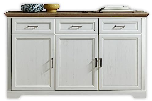 JASMIN Sideboard Kommode Pinie hell Artisan Eiche 166 x 102 x 48 cm (B/H/T) | Modernes Design im Landhausstil für den Wohnbereich, 3 Schubladen, Fächer hinter Türen, viel Stauraum, Landhaus