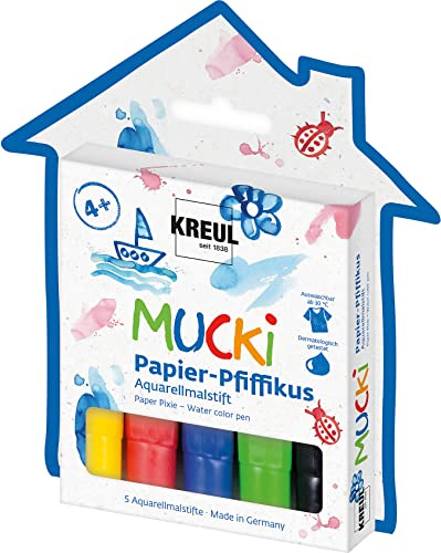 KREUL 27155 - MUCKI Papier Pfiffikus, 5 Stifte Aquarellmalstifte für Kinder in gelb, rot, blau, grün und schwarz, Strichstärke 2 - 5 mm, für beeindruckende Aquarelleffekte