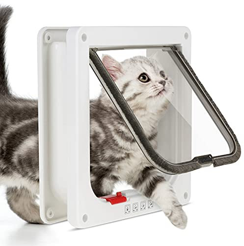 Magnetic Cat Flaps 4 Way Lockable Pet Cat Small Dog Door Automatic Magnetic Silent Brush Cat Doors M White,7.9 x 7.5 x 2.2in
