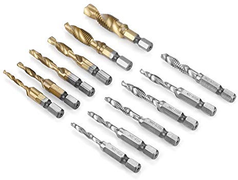 Tap Drill Set, 12pcs M3-M10 Hex Shank Titanium Plated High Speed Steel Hand Tap HSS Screw Thread Metric & Inch Tap Drill Bit Set, 1/4-20NC,12-24NC,10-24NC,10-32NC,8-32NC,6-32NC
