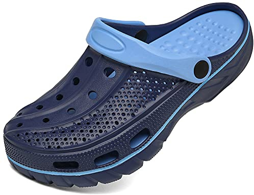 ChayChax Men's and Women's Arch Support Clogs Garden Shoes Slip-on Outdoor Beach Slippers with Removable Cushion Footbed, Black Blue, 11-11.5 Women/9.5-10 Men