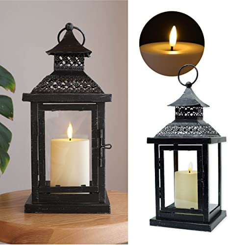 LUCOZA Windlicht Laterne aus Metall und Glas für Innen, Inklusive Outdoor LED-Kerze mit Timer, 32cm Hohe Kabellos Dekorative Hängened Kerzenhalter Dekor für Garten, Schwarz