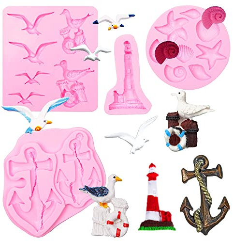 Anchor Schokoladenform, 4 Packungen Muschel-Möwen-Silikonform mit Leuchtturm, Muschel, Muschel, Seestern, für Kuchendekoration, Cupcake-Topper, Süßigkeiten für Baby-Geburtstag