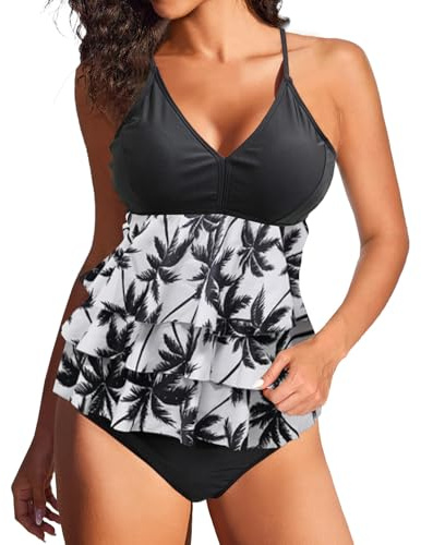 JFAN Bikiniset för kvinnor, 2 delar, baddräkt, v-ringad, tankini, multi ruffle, bikini, platt mage, volanger i två delar, Vit kokosnöt, S