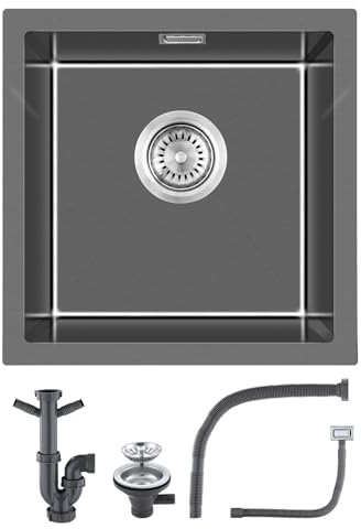 KINKIBOS 304 Stainless Steel Sink 45 x 45 cm, Small Kitchen Sink,Black Grey | Drain Set, Suitable for Topmount, Undermount & Flush-mount Installation, 1 Bowl, Brushed