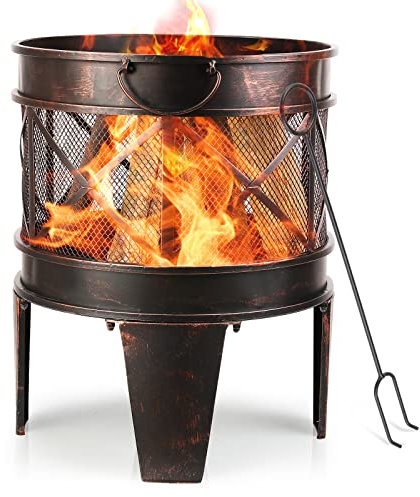 TLSUNNY Feuerschale 58 x 42 cm, Feuerkorb, Feuerschale Rund in Antik-Rost-Optik, Kamin mit Griff und Schürhaken, Mehrzweck-Feuerkorb für den Garten Feuerstelle Garten Multifunktional Fire Pit