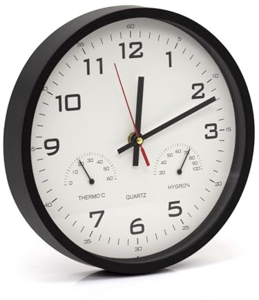 Carousel Home 25cm Clock Temperature Humidity Weather Station | Hygrometer Thermometer Wall Clock | Modern Indoor Clock - Black