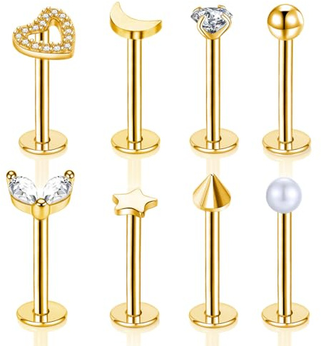 Gojewen 8stk Lippenpiercing Labret Stecker 10mm Edestahl 16G Piercing Helix Tragus Cartilage Medusa Lippe Gold Herz Stern