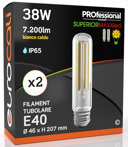 Lampada LED E40 38W Tubolare 7200 lumen Filamento Bianco Caldo 3000K - Sostituzione Alogenuri Metallici - Alta Efficienza 189 lm/W - Impermeabile IP65 - diffusore in vetro trasparente - Pacco da 2