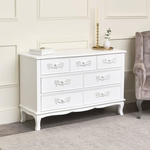 Melody Maison Antique White 7 Drawer Chest of Drawers - Pays Blanc Range