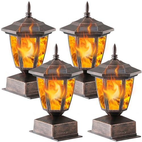 Dynaming 4 Pack Bronze Solar Flame Post Lights Outdoor, Solar Powered Fence Post Cap Lights, Flickering Flame LED Lantern Waterproof for Garden Deck Patio, Fit 4x4, 5x5 or 6x6 Wooden Posts