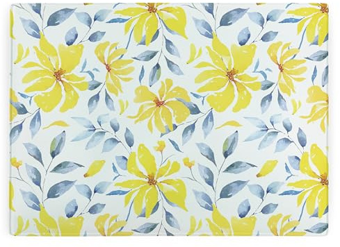 Grande planche à découper rectangulaire en verre avec pieds antidérapants Motif fleurs jaunes 39 x 28,5 cm