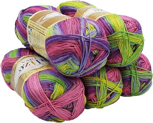 5 x 100 Gramm Ilkadim Export Diva Batik Strickgarn mehrfarbig mit Farbverlauf, 500 Gramm merzerisierte Strickwolle Microfiber-Acryl (grün gelb rosa flieder 3241)