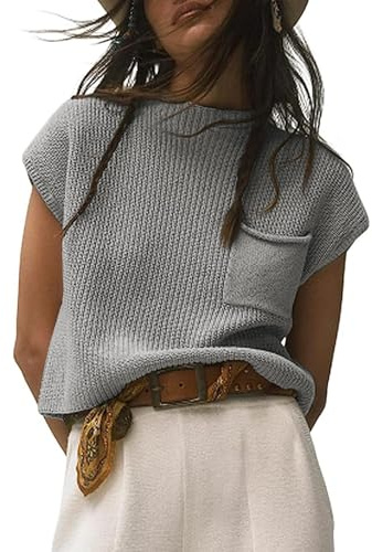 Saodimallsu Damen T-Shirt Pullover Sommer Kurzarm Strickpullover Oberteile Rundhals Leicht Basic Tops Einfarbig Elegante Shirts Tee mit Tasche Hellgrau XS