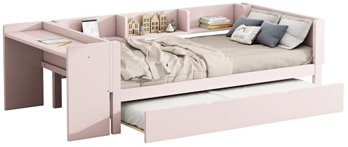 Azkoeesy Tagesbett Kinderbett 90 x 200 cm, mit Ausziehbett und Schreibtisch, Doppelbett, Teenagerbett, Mädchenbett, für 2 Personen, Kiefernholz, rosa