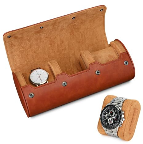 VINBAGGE Uhrenbox Uhrenrolle 3 Uhren Uhrenetui Herren Reisetasche Vintage Uhrengehäuse Zylindrische mit herausnehmbaren Uhrenkissen für Männer Frauen - (R01-Braun)