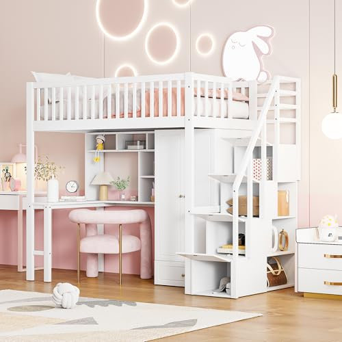 Moimhear Hochbett 90x200cm mit großem Kleiderschrank Regal und Tisch, Stauraum Treppe Mehrzweckbetteinheit Holzbettgestell (weißes Bett)