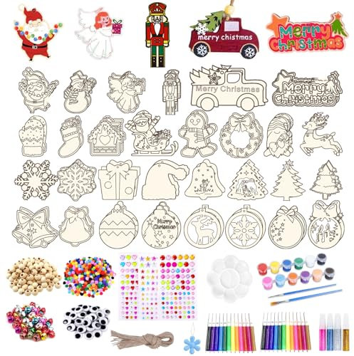 XSYKJGS 337 Stück Holzanhänger Weihnachten zum Bemalen Set, Bastelset Weihnachten 30 Arten weihnachtsdeko basteln mit Aquarellstift, Schnur, Pinsel Pigmente Palette